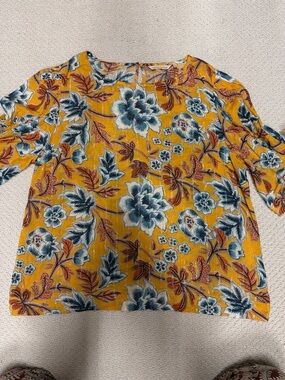 Soft Surroundings Yellow Floral Blouse with Blue Accents